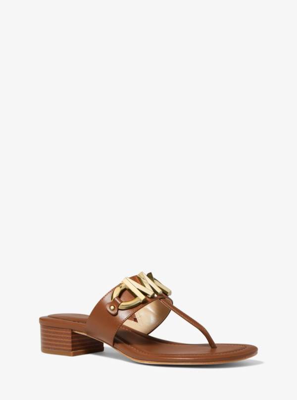 Damske Slapky Michael Kors Izzy Logo Embellished Leather Sandal Hnede - Topanky Michael Kors Sleva | EXOAG-4830